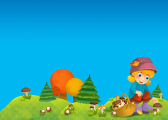 The child near the forest on the meadow -  mushrooming - autumn - illustration