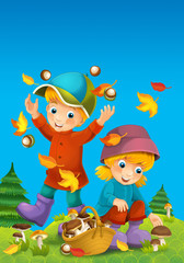 Obraz na płótnie Canvas The child near the forest on the meadow - boy and girl - mushrooming - autumn - illustration