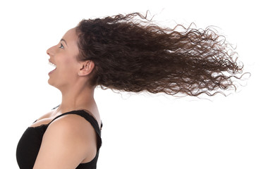 Wow - Frau lachend Haare isoliert im Wind - Lebensfreude