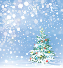 Christmas tree and decorations on winter background.