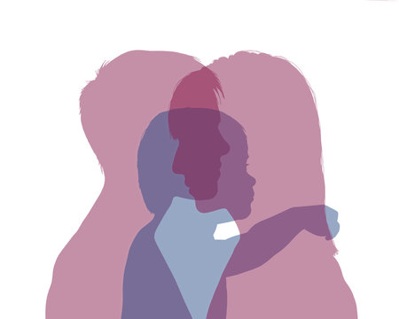 homosexual female couple and their baby colorful silhouette