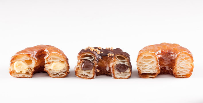 Chocolate, cream and original croissant and doughnut mixture