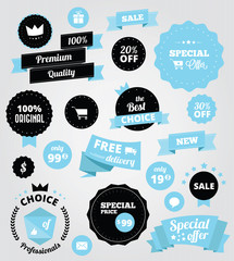 vector stickers and ribbons set blue