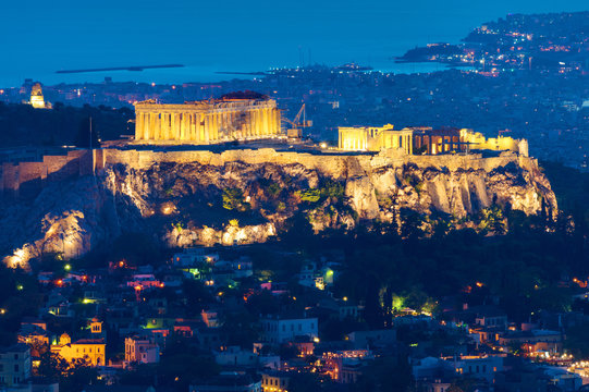 The Acropolis in Athens, Greece, at night