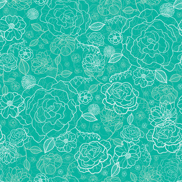 Vector Emerald Green Floral Lineart Seamless Pattern With Hand