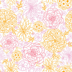 Vector flowers outlined seamless pattern with hand drawn flowers