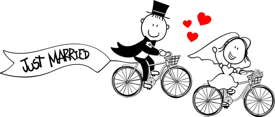 funny bride and groom on bycicle