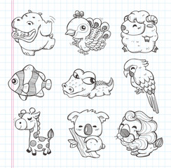 set of doodle animal icons