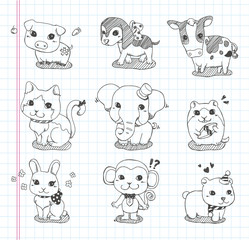 set of doodle animal icons