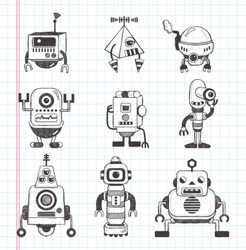 set of doodle robot icons