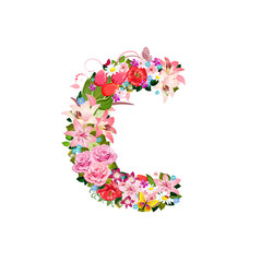 Romantic letter C of beautiful flowers
