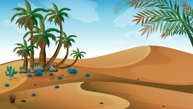 A desert with palm trees