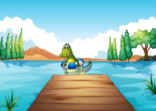 A crocodile inside a buoy swimming