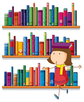 A girl balancing a book above her head in front of the bookshelv