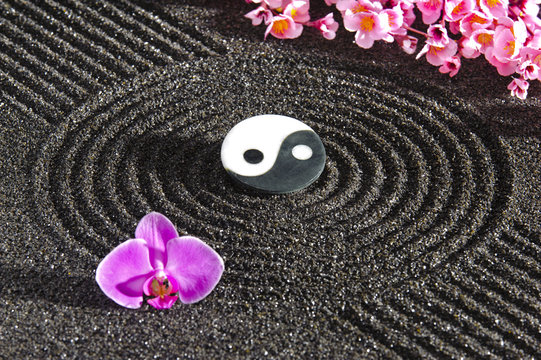Japanese zen garden with yin and yang