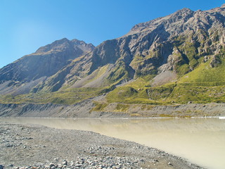 Alpine lake with ice floating on the top