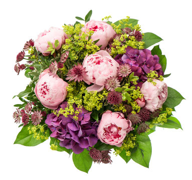 Fototapeta bouquet of beautiful pink peony flowers on white background
