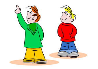 Young cartoon kids pointing and looking on a white background
