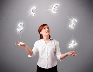 young lady standing and juggling with currency icons