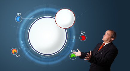 businessman presenting abstract modern pie chart with copy space