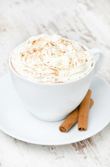 cup of cocoa with cinnamon and whipped cream on white table