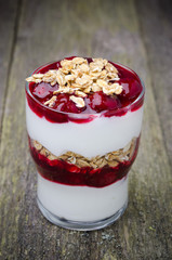 layered dessert with yogurt, cherries and granola