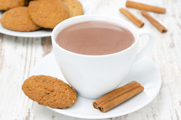 white cup of cocoa with cinnamon and oatmeal cookies