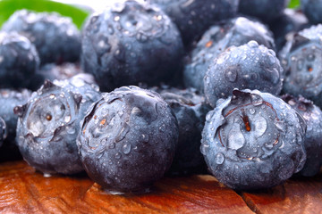 bluberries with drops on wood background
