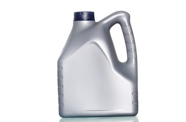 grey canister with machine oil on white background