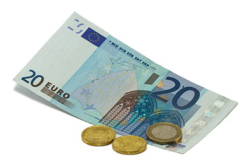 20 euro banknote and euro cents