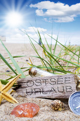 Treibholz mit Strandgut und Flaschenpost und Kompass