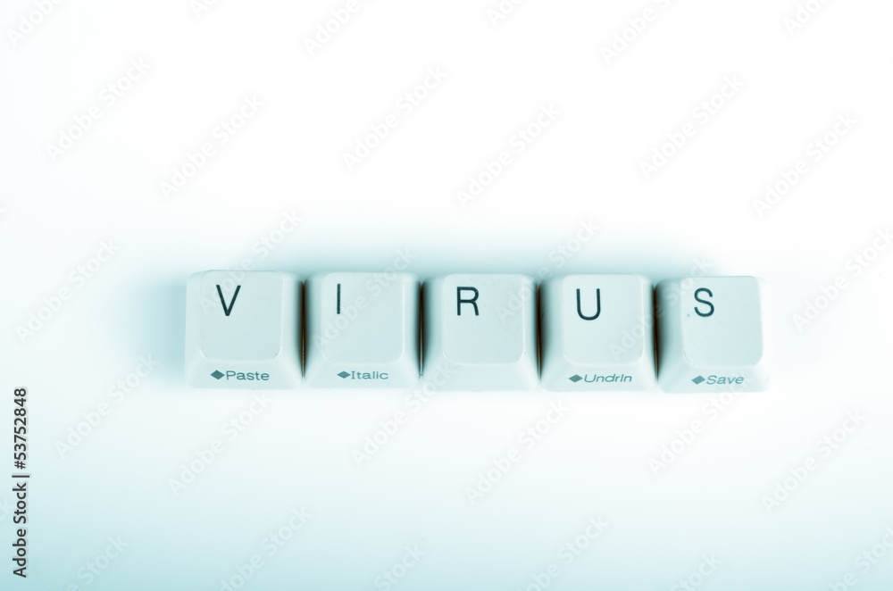 Aufkleber virus word written with computer buttons