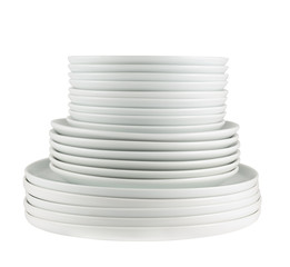 Pile of clean white dish plates isolated