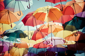 Fototapeta na wymiar Background colorful umbrella street decoration.