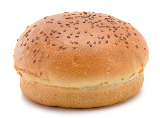 Round sandwich bun with sesame seeds isolated on white