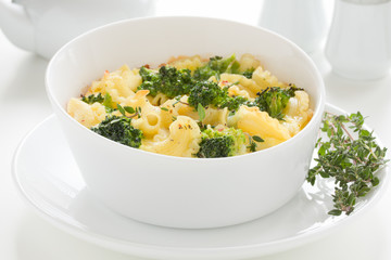 Casserole with pasta and broccoli.