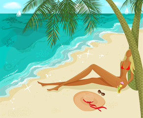 Fototapeta na wymiar Tall Blond Sunbathing on a Golden Sandy Beach