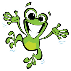 Happy cartoon smiling frog jumping excited