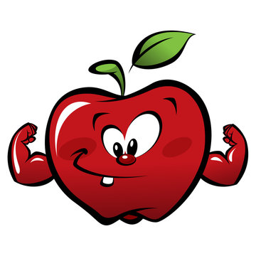 Happy cartoon strong red apple making a power gesture