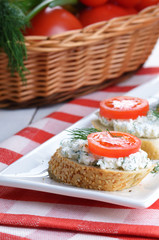 Cottage cheese bruschettas and vegetable basket