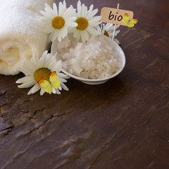 Fototapeta na wymiar Spa products on wooden background. Sea salt with natural compone