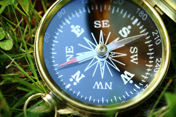 Golden compass on green grass