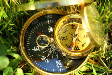 Two golden compasses on green grass