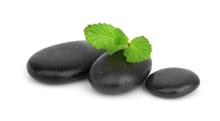 Fototapeta na wymiar Fresh mint on the black stones with drops