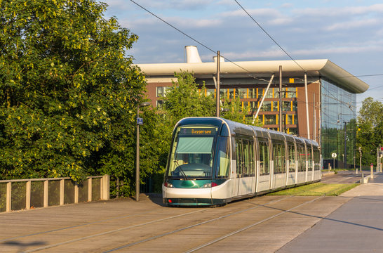 Tram in the European district of Strasbourg - Alsace, France