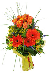 Colorful bouquet from roses and gerberas isolated on white backg