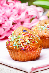 Muffin decorated with sprinkles on pink napkin. Hyacinth flower