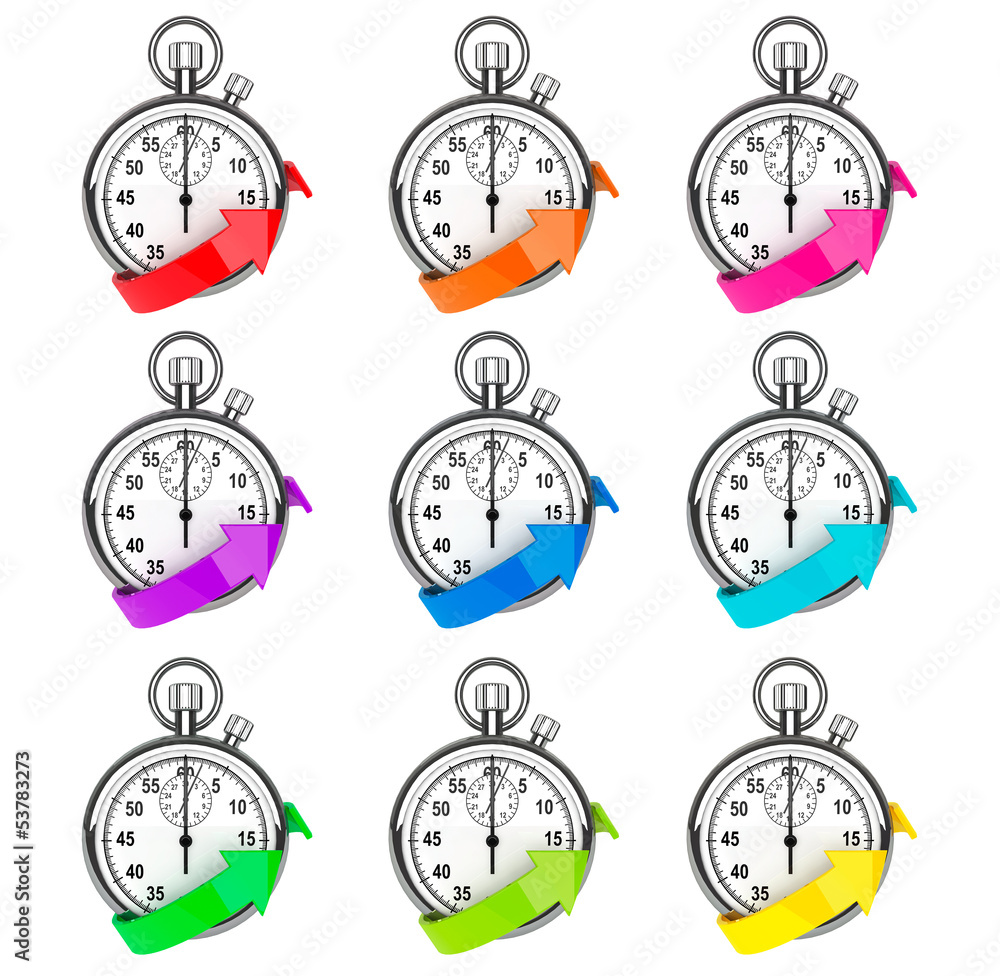 Poster set of stopwatch with color arrow