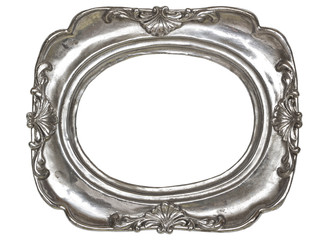 Oval silver picture frame with a decorative pattern
