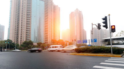 Fototapeta na wymiar China Shanghai modern architecture, motion blur car.